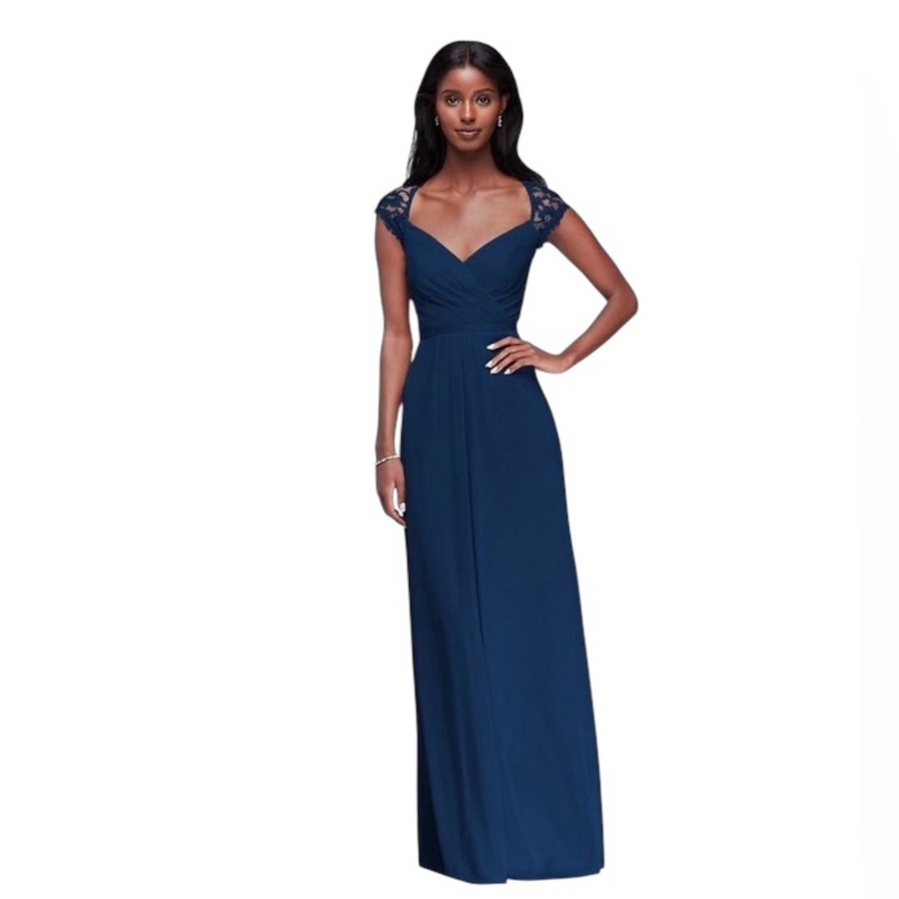 David's Bridal Navy Lace Cap-Sleeve V-Neck Bridesmaid Dress